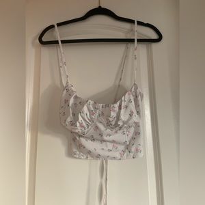 SHEIN White Floral (pink&green) Cropped Cami Top W/ Tie Up Back